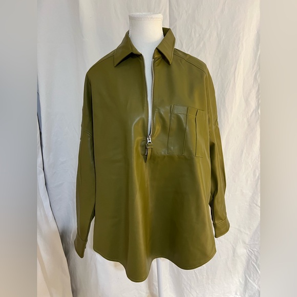 French Connection elegant avocado green leather zip up long sleeves top - Picture 3 of 7